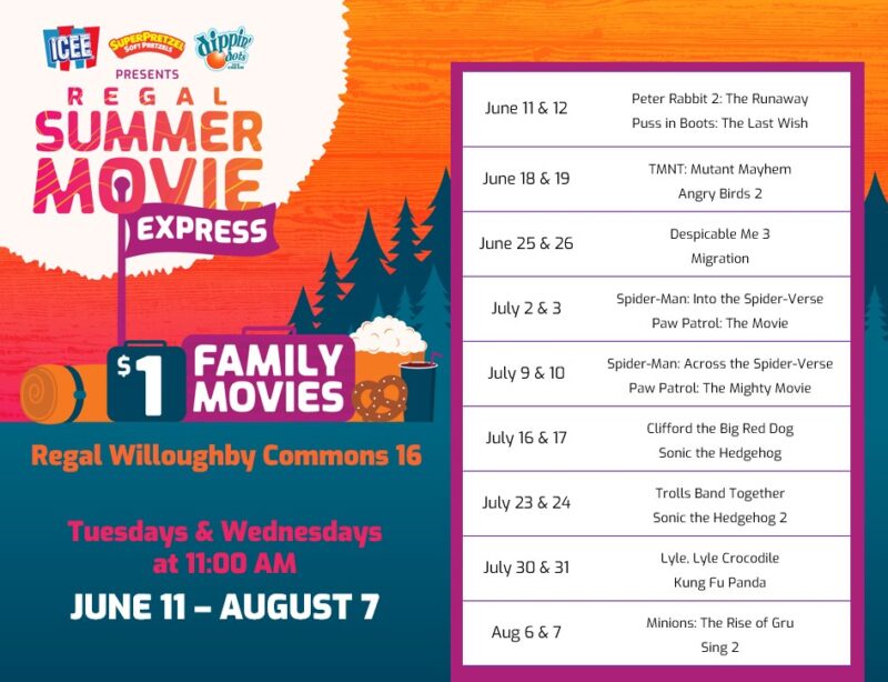 One dollar family movies Tuesdays and Wednesdays at 11 am June 11-August 7 2024