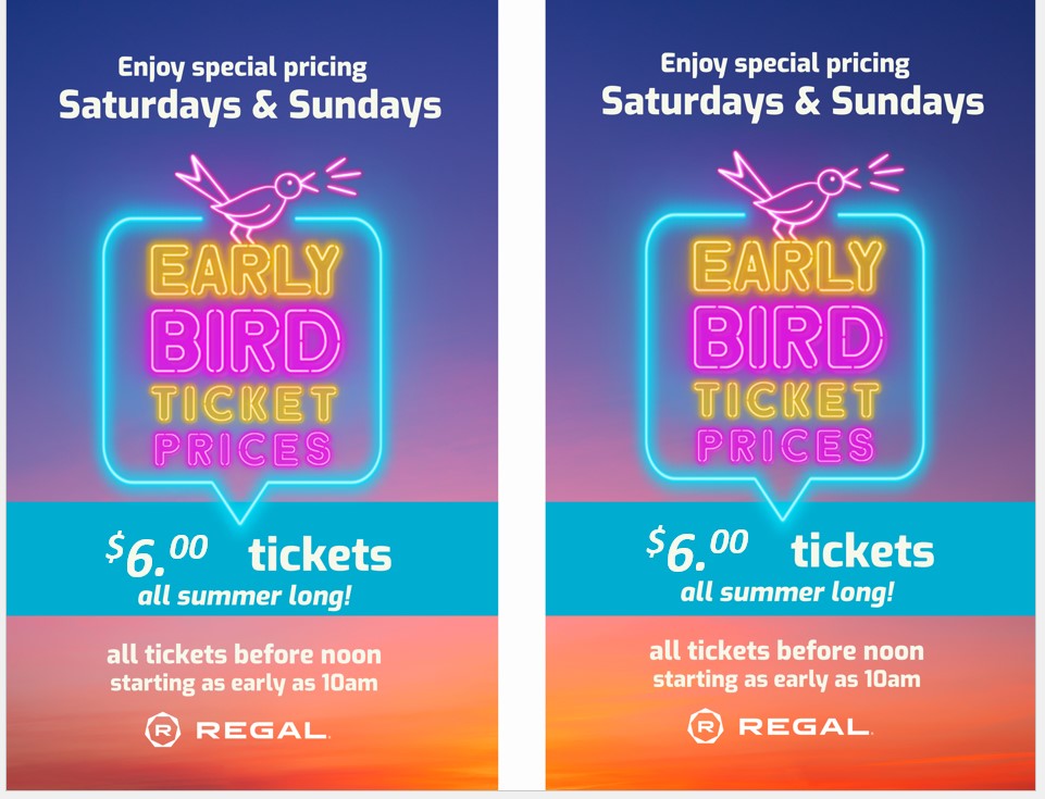 A purple bird announcing, "Enjoy special pricing Saturdays and Sundays. $6.00 tickets all summer long! All tickets before Noon starting as early as 10 am".